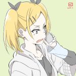  blonde_hair cellphone check_commentary commentary_request hair_ornament hairclip hood hoodie iphone kueru_(yuuki_tamerawanai) mole mole_under_eye open_mouth phone shirobako smartphone twintails upper_body yano_erika 