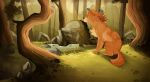  2016 brown_nose detailed_background digital_media_(artwork) feral forest fur grass hyena mammal maplespyder maplespyder_(character) orange_fur rock sitting solo tree 
