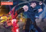  belt blue_bodysuit bodysuit bracer building cityscape commentary deviantart_username dual_wielding elbow_sleeve fate/zero fate_(series) holding holding_lance lance lancer_(fate/zero) male_focus mole mole_under_eye muscle night night_sky parted_lips patreon_username polearm short_hair shoulder_armor sky sleeveless smoke solo weapon xong yellow_eyes 