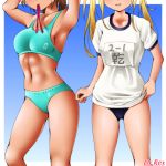  :d artist_name bare_shoulders blonde_hair blue_background blue_bra blue_buruma blue_panties bra breasts brown_hair buruma collarbone commentary_request dr_rex gym_shirt gym_uniform head_tilt long_hair medium_breasts multiple_girls name_tag navel open_mouth original panties shirt short_sleeves signature small_breasts smile sports_bra standing tan twintails two-tone_background underwear underwear_only white_background 