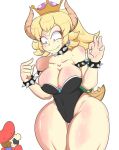  2018 alternate_species armband big_breasts blonde_hair blue_eyes bowser breasts cleavage clothed clothing collar crossgender demy desperate dress fangs female gender_transformation grin hair hi_res horn horny_(disambiguation) invalid_tag looking_pleasured male male/female mario mario_bros mtf_transformation nintendo shell simple_background smile spiked_collar spikes super_crown sweat transformation video_games 