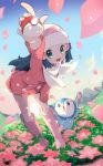  beanie blue_eyes blue_hair boots chorimokki coat floral_background hat hikari_(pokemon) horizon leaning_forward looking_at_viewer mountain no_pants petals pink_footwear piplup poke_ball pokemon pokemon_(game) pokemon_dppt pokemon_platinum scarf sunlight white_scarf winter_clothes winter_coat 