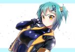  aqua_hair bodysuit breasts commentary_request fingerless_gloves frown gloves hand_on_own_cheek kunai large_breasts looking_at_viewer ninja original ryuu_tou shiny shiny_clothes short_hair shuriken_hair_ornament side_ponytail simple_background skin_tight vest weapon yellow_eyes 