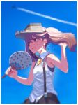 aircraft airplane blue_sky brown_eyes brown_hair brown_skirt commentary_request condensation_trail day fan highres kantai_collection magatama paper_fan pleated_skirt ryuujou_(kantai_collection) shirt skirt sky sleeveless sleeveless_shirt solo suspenders sweat tonami_kanji twintails uchiwa upper_body visor_cap white_shirt 