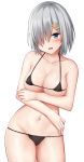  bikini black_bikini blue_eyes blush breasts cleavage crossed_arms hair_ornament hair_over_one_eye hairclip hamakaze_(kantai_collection) kantai_collection large_breasts looking_at_viewer micro_bikini mizushina_minato navel open_mouth short_hair silver_hair simple_background skindentation solo swimsuit upper_body white_background 