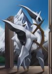 2018 all_fours ambiguous_gender arceus blue_sky detailed_background feral katahane3 legendary_pok&eacute;mon looking_at_viewer looking_back mammal mountain nintendo pok&eacute;mon pok&eacute;mon_(species) raised_tail rear_view red_eyes sky solo standing thick_tail video_games 