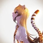  blonde_hair brown_hair cheetah_(kemono_friends) cheetah_ears cheetah_print cheetah_tail collared_shirt commentary_request elbow_gloves eyebrows_visible_through_hair gloves kemono_friends long_hair multicolored_hair necktie print_neckwear profile shirt short_sleeves sidelocks solo takami_masahiro yellow_eyes 