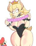  2018 alternate_species armband big_breasts blonde_hair blue_eyes bowser breasts cleavage clothed clothing collar condom crossgender demy desperate dress fangs female gender_transformation grin hair hi_res horn horny_(disambiguation) invalid_tag looking_pleasured male male/female mario mario_bros mtf_transformation nintendo shell simple_background smile spiked_collar spikes super_crown sweat transformation video_games 