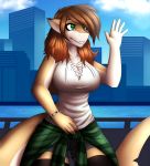  2018 anthro breasts brown_hair city clothed clothing detailed_background digital_media_(artwork) female fish green_eyes hair harbor marine outside shark smile solo standing water waving xaenyth 