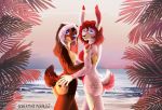  2018 anthro beach blue_eyes doberman_moralist duo ears_down female female/female hair hand_behind_back hand_on_butt lagomorph looking_at_viewer looking_back mammal nipples nude rabbit rear_view red_hair seaside short_hair smile white_hair 