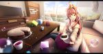  3d_background absurdres birthday birthday_cake black_legwear box brown_hair cake candle commentary commission confetti couch day doki_doki_literature_club doll english_commentary eyebrows_visible_through_hair food gift gift_box green_eyes hair_ribbon hat highres huge_filesize indoors letterboxed long_hair looking_at_viewer monika_(doki_doki_literature_club) off-shoulder_sweater outstretched_arm parted_lips party_hat pillow pleated_skirt ponytail ribbon sitting skirt slice_of_cake smile soap_bubbles solo sweater table thighhighs tsukimaru white_ribbon window 