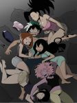  1boy 6+girls ashido_mina asui_tsuyu boku_no_hero_academia breasts cleavage colored hagakure_tooru hand_on_another&#039;s_stomach harem hetero highres invisible jirou_kyouka large_breasts leggings lying midoriya_izuku midriff multiple_girls on_back open_mouth pillow short_shorts shorts sleeping strap_slip tank_top uraraka_ochako wide-eyed yaoyorozu_momo 