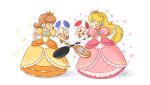  2girls :o blue_eyes blush_stickers brown_footwear brown_hair clenched_hand crown dress earrings elbow_gloves eye_contact flower_earrings frying_pan gem gloves hand_on_hip hand_up heart highres jewelry looking_at_another mario_(series) mario_tennis midair multiple_boys multiple_girls nintendo orange_dress petals pink_dress princess_daisy princess_peach profile puffy_short_sleeves puffy_sleeves racket short_sleeves signature smile standing super_mario_bros. super_smash_bros. super_smash_bros._ultimate tennis_racket toad white_background white_gloves zieghost 