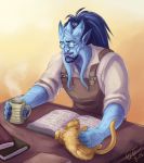 2015 ambiguous_gender beverage book bookkeeper cat desk draenei feline feral hair humanoid male mammal taliamirai video_games warcraft 