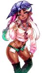  :q bandana bikini_bottom breasts cephalopod_eyes chain_necklace chiba_toshirou commentary contrapposto dark_skin earrings highres hoop_earrings iida_(splatoon) jewelry kneehighs mole mole_under_mouth navel navel_piercing octarian off_shoulder one_eye_closed piercing pink_pupils pointy_ears short_shorts shorts solo sparkle splatoon_(series) splatoon_2 suction_cups sunglasses sweater tentacle_hair thick_eyebrows tongue tongue_out 