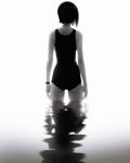  arms_at_sides ass choker commentary facing_away from_behind greyscale highres ilya_kuvshinov monochrome one-piece_swimsuit original reflection short_hair solo standing swimsuit wading water white_background wristband 