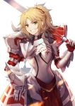  armor blonde_hair braid breastplate clarent commentary_request fate/grand_order fate_(series) french_braid gauntlets green_eyes grin hair_ornament hair_scrunchie haruato highres mordred_(fate) mordred_(fate)_(all) pauldrons red_scrunchie scrunchie sidelocks smile solo standing sword weapon white_background 
