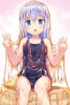  arms_up bangs bare_arms bare_shoulders blue_eyes blue_hair blue_swimsuit blush breasts butter chestnut_mouth collarbone commentary_request covered_navel double_w eyebrows_visible_through_hair food food_on_body food_on_face food_on_head gochuumon_wa_usagi_desu_ka? hair_between_eyes hair_ornament hairclip hands_up highres honey in_food kafuu_chino long_hair looking_at_viewer minigirl naka navel object_on_head one-piece_swimsuit open_mouth pancake saliva school_swimsuit shiny shiny_clothes simple_background sitting sitting_on_food small_breasts solo swimsuit thighs w wet white_background x_hair_ornament 