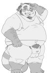  2018 anthro balls belly big_balls bluewhale127 bulge canine clothing eyewear fundoshi glasses humanoid_hands japanese_clothing male mammal overweight overweight_male shirt solo tanuki underwear 