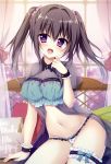  :d absurdres arm_support babydoll bangs black_hair blue_bra blurry blurry_background blush bow bow_panties bra breasts cleavage cowboy_shot curtains eyebrows_visible_through_hair frilled_bra frills glint hair_intakes hand_up highres holding holding_hair indoors leg_garter long_hair looking_at_viewer matsumiya_kiseri medium_breasts navel open_mouth original panties pillow polka_dot print_pillow puffy_short_sleeves puffy_sleeves purple_eyes ribbon-trimmed_clothes ribbon-trimmed_sleeves ribbon_trim see-through short_sleeves sidelocks sitting smile solo twintails underwear white_panties window wing_collar wrist_cuffs 