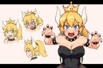  bare_shoulders black_nails blue_eyes blush bowsette breasts brooch choker claw_pose cleavage collar commentary crown dream_demon dress earrings embarrassed expressions eyebrows eyebrows_visible_through_hair face fang fang_out fingernails forked_eyebrows hair_between_eyes horns jewelry large_breasts long_fingernails looking_at_viewer mario_(series) nail_polish new_super_mario_bros._u_deluxe open_mouth pointy_ears ponytail profile sharp_teeth short_hair simple_background strapless strapless_dress studded_bracelet studded_collar super_crown super_mario_bros. teeth 