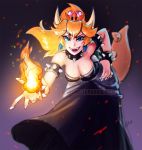  amelia_parris bare_shoulders blonde_hair blue_eyes bowsette bracelet breasts collar crown dress fire horns jewelry looking_at_viewer mario_(series) new_super_mario_bros._u_deluxe ponytail solo spiked_bracelet spiked_collar spikes super_crown tail 