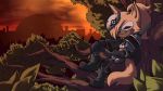  2018 absurd_res anthro boots canine cheek_tuft city cityscape cloak clothed clothing cute_fangs detailed_background eyes_closed female footwear gloves hair hair_over_eye hi_res holding_object holding_weapon mammal mask plagueofgripes sitting solo sonic_(series) sunset tree tuft wallpaper weapon whisper_the_wolf wolf 