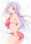  adjusting_clothes adjusting_swimsuit ass bikini breasts ghost highres large_breasts long_hair looking_at_viewer marker_(medium) open_mouth potekite purple_bikini purple_hair red_eyes solo swimsuit traditional_media triangular_headpiece yunohana_yuuna yuragisou_no_yuuna-san 