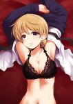  armpits bed black_bra blonde_hair blue_eyes blush bra breasts collarbone darjeeling embroidered_bra embroidery girls_und_panzer highres large_breasts looking_at_viewer navel sakaki_imasato smile solo underwear 