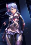  bad_anatomy blue_eyes blue_hair blue_skirt blush bodysuit breasts cowboy_shot eyebrows_visible_through_hair highres homura_yuni impossible_bodysuit impossible_clothes large_breasts looking_away mechanical_tail parted_lips pillar short_hair skin_tight skirt standing tail taimanin_(series) 