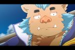  2018 anthro blush boar brown_fur clothed clothing dosanco15 fur gouryou male mammal mohawk overweight overweight_male porcine solo tokyo_afterschool_summoners tusks 