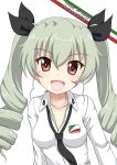  2018 :d anchovy anzio_school_uniform bangs black_neckwear black_ribbon blush breasts brown_eyes character_name collarbone collared_shirt commentary_request drill_hair eyebrows_visible_through_hair flipper girls_und_panzer green_hair hair_between_eyes hair_ribbon happy_birthday head_tilt italian_flag long_hair necktie open_mouth ribbon shirt sidelocks simple_background small_breasts smile solo twin_drills twintails v-shaped_eyebrows white_background white_shirt 