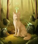  2016 albino ambiguous_gender black_nose canine day detailed_background digital_media_(artwork) feral forest fur grass looking_at_viewer mammal maplespyder no_sclera outside paws solo tree white_fur wolf 