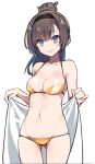  akizuki_(kantai_collection) bare_shoulders bikini black_hair black_hairband blue_eyes breasts cowboy_shot hairband kantai_collection konnyaku_(kk-monmon) long_hair medium_breasts smile solo swimsuit towel yellow_bikini 