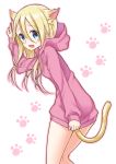  animal_ears arm_up bangs blonde_hair blue_eyes blush cat_day cat_ears cat_girl cat_tail clothes_tug commentary_request drawstring eyebrows_visible_through_hair hair_between_eyes hood hood_down hoodie long_hair long_sleeves masuishi_kinoto open_mouth original pink_hoodie pink_outline sleeves_past_wrists solo tail white_background 