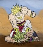  90s aura big_hair blank_eyes blonde_hair boots bracelet broly broly_(dragon_ball_super) commentary dragon_ball dragon_ball_super dragon_ball_super_broly dragon_ball_z dual_persona duel earrings english_commentary green_hair jewelry jmbfanart legendary_super_saiyan male_focus multiple_boys muscle no_pupils outdoors scar shirtless short_hair sketch spiked_hair super_saiyan teeth wristband 