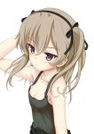  arm_up bangs bare_arms bare_shoulders black_hairband black_ribbon black_tank_top blush brown_eyes brown_hair closed_mouth collarbone commentary_request eyebrows_visible_through_hair flipper girls_und_panzer hair_between_eyes hair_ribbon hairband long_hair looking_at_viewer ribbon shimada_arisu simple_background solo sweat tank_top two_side_up v-shaped_eyebrows white_background 