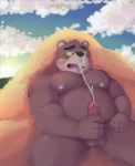  2018 anthro balls bear belly brown_fur cum erection eyewear fur glasses humanoid_hands male mammal moobs nipples overweight overweight_male penis solo st637 tokyo_afterschool_summoners volos 