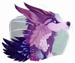  2016 ambiguous_gender canine digital_media_(artwork) feathers feral hair hybrid mammal maplespyder purple_eyes purple_feathers purple_hair purple_nose solo 