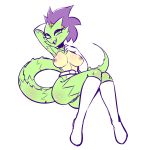  &lt;3 &lt;3_eyes areola armwear barbed_tail belt big_breasts boots breasts clothing crown elbow_gloves female footwear gloves green_eyes green_scales green_skin hair hand_over_head lizard long_tail looking_at_viewer midori_(miscon) open_mouth purple_hair pussy reptile reptile_scalie scales scalie sem-l-grim short_hair simple_background sitting solo spines tiara white_background 