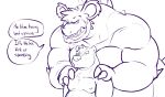  anthro bear beard chisuun clothed clothing dialogue duo english_text facial_hair larger_male looking_at_viewer male mammal monochrome muscular muscular_male nidochi nipples size_difference smaller_male talking_to_viewer text topless 
