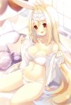  absurdres animal_ears bangs blonde_hair blurry bow bow_bra bra breasts bunny_ears cleavage collarbone cynthia_riddle frilled_headband frills head_tilt highres lace lace-trimmed_bra lace-trimmed_panties light_blush long_hair looking_at_viewer medium_breasts navel no_pants off_shoulder open_clothes open_mouth open_shirt original p19 panties red_eyes seiza shirt sitting smile underwear undressing very_long_hair white_bra white_headband white_panties white_shirt 