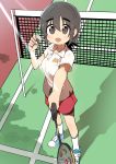  absurdres badminton_racket bike_shorts blush brown_eyes brown_hair bural_chingu eyebrows eyebrows_visible_through_hair full_body highres looking_at_viewer luke_(dydansgur) open_mouth original polo_shirt racket red_skirt seong_mi-na_(bural_chingu) short_hair shuttlecock skirt smile solo sweat 