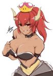  airisubaka alternate_color artist_name bare_shoulders black_dress bowsette bracelet breasts cleavage collar collarbone crown dark_skin dress grin hair_between_eyes horns jewelry large_breasts looking_at_viewer mario_(series) naughty_face new_super_mario_bros._u_deluxe ponytail red_hair shiny shiny_hair sidelocks sketch smile solo spiked_bracelet spiked_collar spikes super_crown upper_body white_background 