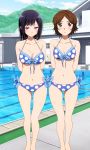  2girls arms_behind_back bikini black_hair blue_bikini blue_ribbon blush breasts brown_eyes brown_hair cleavage hibike!_euphonium kousaka_reina large_breasts long_hair looking_at_viewer looking_away medium_breasts multiple_girls polka_dot polka_dot_bikini ponytail pool ribbon sawabe_tsubaki shigatsu_wa_kimi_no_uso short_hair shy side-by-side standing swimsuit 