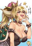  :d absurdres black_dress black_nails blonde_hair blue_eyes borrowed_character bowser bowsette bracelet breasts cleavage collar collarbone crown dress earrings eyebrows fingers_to_chin genderswap genderswap_(mtf) highres horns jewelry kaorihero large_breasts mario_(series) md5_mismatch nail_polish naughty_face nintendo open_mouth ponytail princess_peach shell shiny shiny_skin smile smug spiked_bracelet spiked_collar spikes starman_(mario) super_crown super_mario_bros. turtle_shell 
