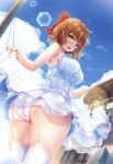  absurdres ass bangs blurry blurry_background bow brown_hair building cloud cloudy_sky crotch_seam day depth_of_field dress dress_lift dutch_angle eyebrows_visible_through_hair from_behind garter_straps green_eyes hair_bow highres hinata_sora lens_flare lifted_by_self light_blush light_particles lips looking_at_viewer looking_back open_mouth original outdoors panties petticoat red_bow short_hair sky smile spaghetti_strap standing sundress thighhighs thighs underwear utility_pole white_dress white_legwear 