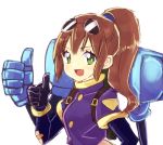  :d blue_shirt breasts brown_hair commentary_request crop_top eyewear_on_head gloves green_eyes jacket long_hair looking_at_viewer mechanical_arm murata_tefu open_mouth ponytail precis_neumann shirt simple_background smile solo star_ocean star_ocean_the_second_story 