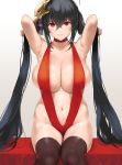  adapted_costume armpits arms_up azur_lane black_hair black_legwear breasts choker closed_mouth commentary_request gradient gradient_background hair_between_eyes hair_ribbon hands_in_hair highres huge_breasts long_hair looking_at_viewer navel nekoshoko red_choker red_eyes red_ribbon red_swimsuit ribbon sitting slingshot_swimsuit smile solo swimsuit taihou_(azur_lane) thighhighs tied_hair twintails very_long_hair 