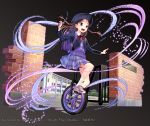  artist_name black_background black_jacket blue_eyes braid brick_wall brown_hair commentary_request full_body gate jacket kaekae long_hair official_art pink_footwear purple_backpack purple_skirt school shoes shoumetsu_toshi_2 skirt sneakers socks solo twin_braids unicycle watermark white_legwear 